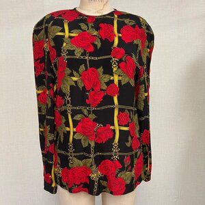 EUC Vintage 80s 90s Evan Picone Rose & Gold Chain Print Rayon Blouse size 6
